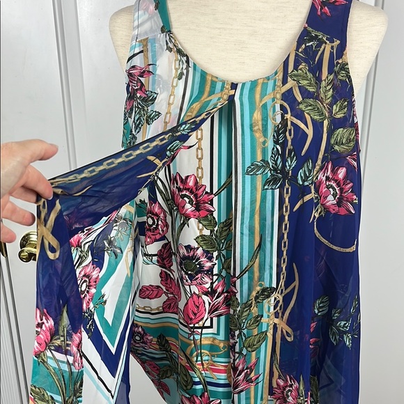 NWT Gorgeous Roz & Ali Asymmetrical Blue and Green Flowy Blouse - Size Large - Picture 3 of 12